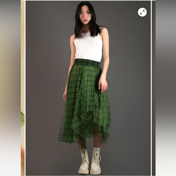 Kate Hewko Dresses & Skirts - Kate Hewko Green / Black Check Tulle Asymmetrical Midi Skirt